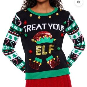 💥WOMENS JOYLAND SZ SMALL “TREAT YOUR ELF” CHRISTMAS KNIT SWEATER UGLY CHRISTMAS